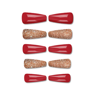 Gold Red Extra Long Ballerina Press On Nails