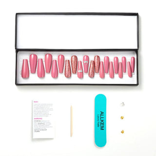 Rose Pink Glam Extra Long Ballerina False Press on Nail Tips - AllKem Nails