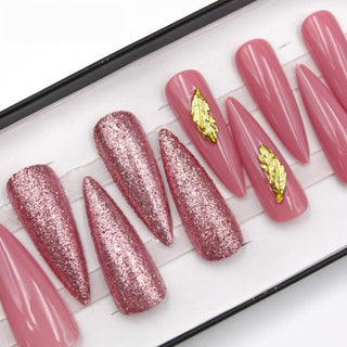 Rose Pink Glam Extra Long Sculpted Stiletto False Press on Nail Tips - AllKem Nails