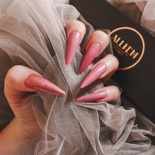 Rose Pink Glam Extra Long Sculpted Stiletto False Press on Nail Tips - AllKem Nails