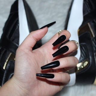 Black Gloss Extra Long Ballerina False Press on Nails - AllKem Nails