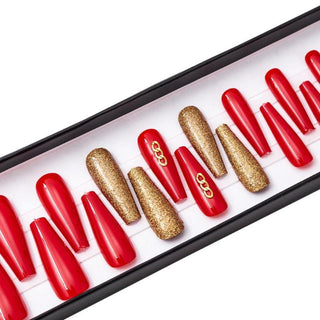 Gold Red Extra Long Ballerina False Press on Nails - AllKem Nails